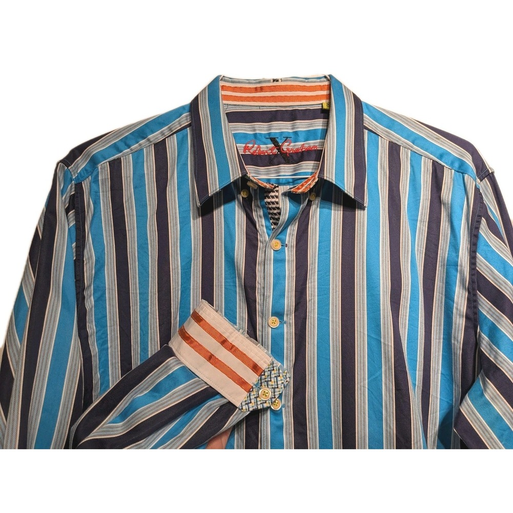 Robert Graham X Shirt Men XL Blue/Orange Stripe Tailored Fit Flip Cuff Cotton EU